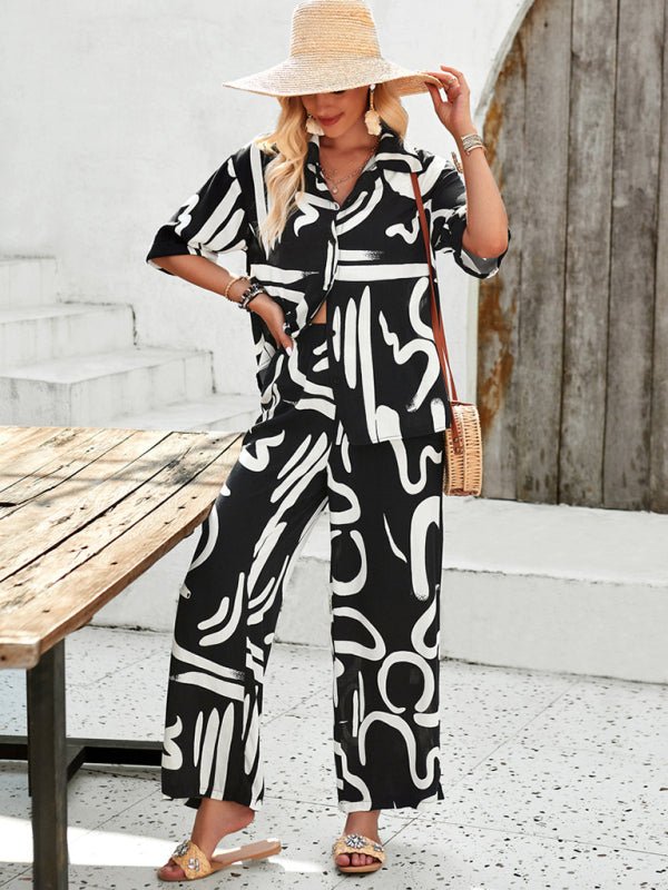 New women's casual fashion printed lapel short - sleeved shirt and trousers vacation suit - Pant Suit